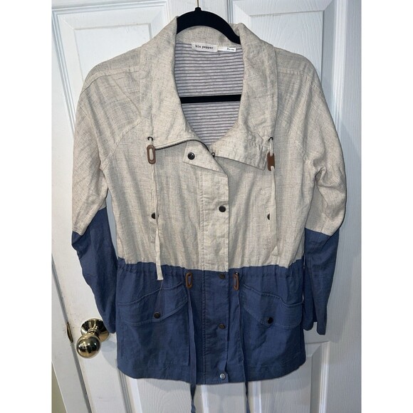 Blu Pepper Jacket Womens Sz S Two Tone Utility Jacket Linen Field Zip Up Coastal - Picture 11 of 11